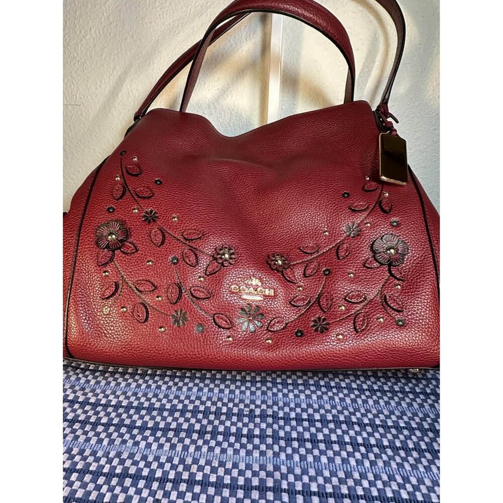 Coach Willow Floral Tea Rose Edie 31 Shoulder Bag Pebbled Leather -Burgundy/Red - Picture 2 of 10